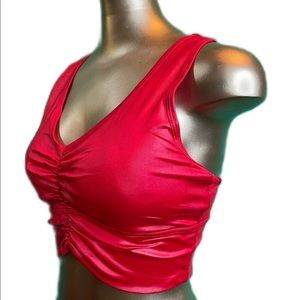 Red Sports Bra Seamless Liquid Shine Yoga Ruched Front Large